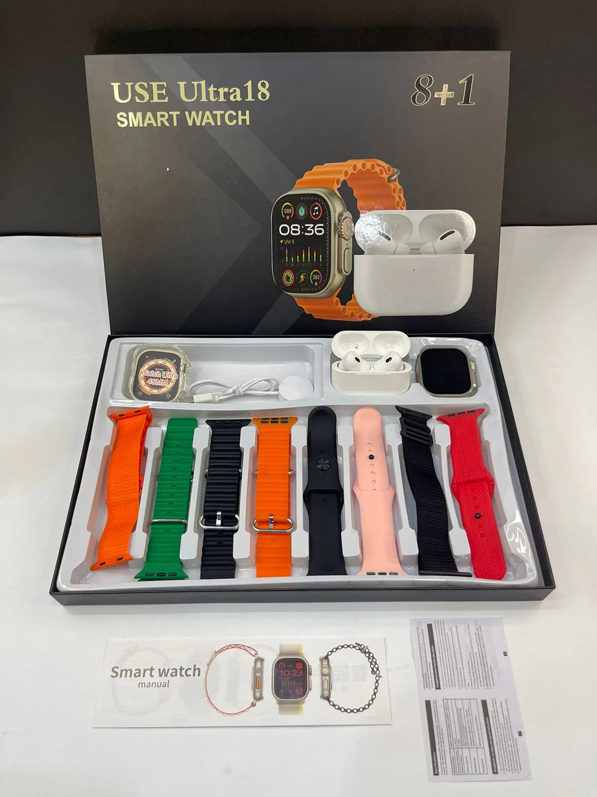 Combo Exclusivo – Smartwatch Ultra 18 con 8 Correas + Funda Protectora + AirPods de Segunda Generación