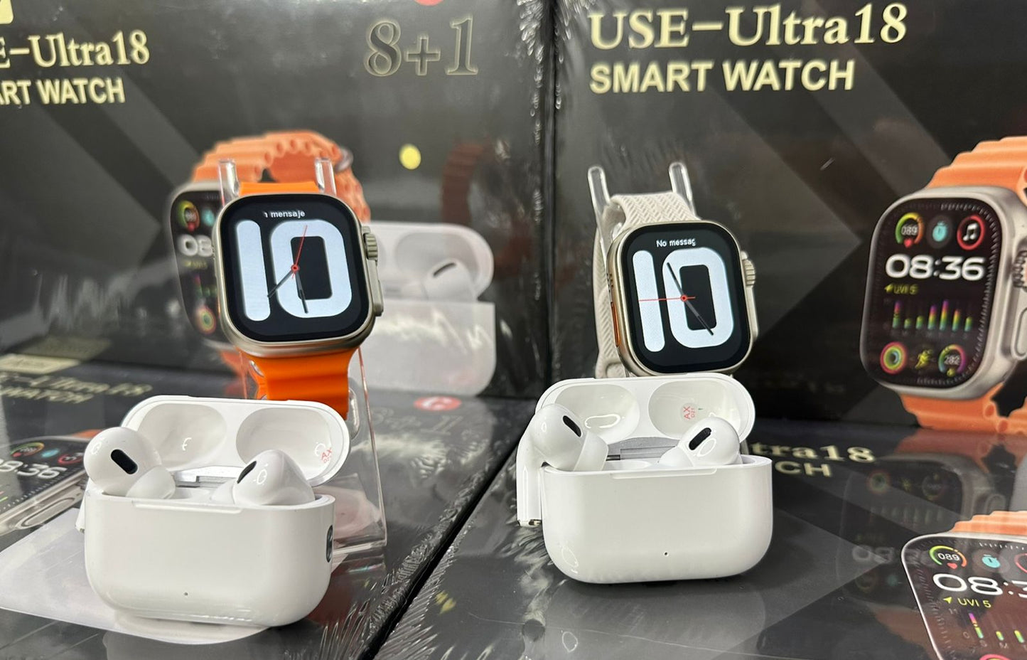 Combo Exclusivo – Smartwatch Ultra 18 con 8 Correas + Funda Protectora + AirPods de Segunda Generación