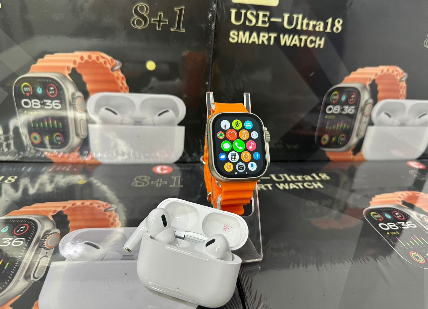 Combo Exclusivo – Smartwatch Ultra 18 con 8 Correas + Funda Protectora + AirPods de Segunda Generación