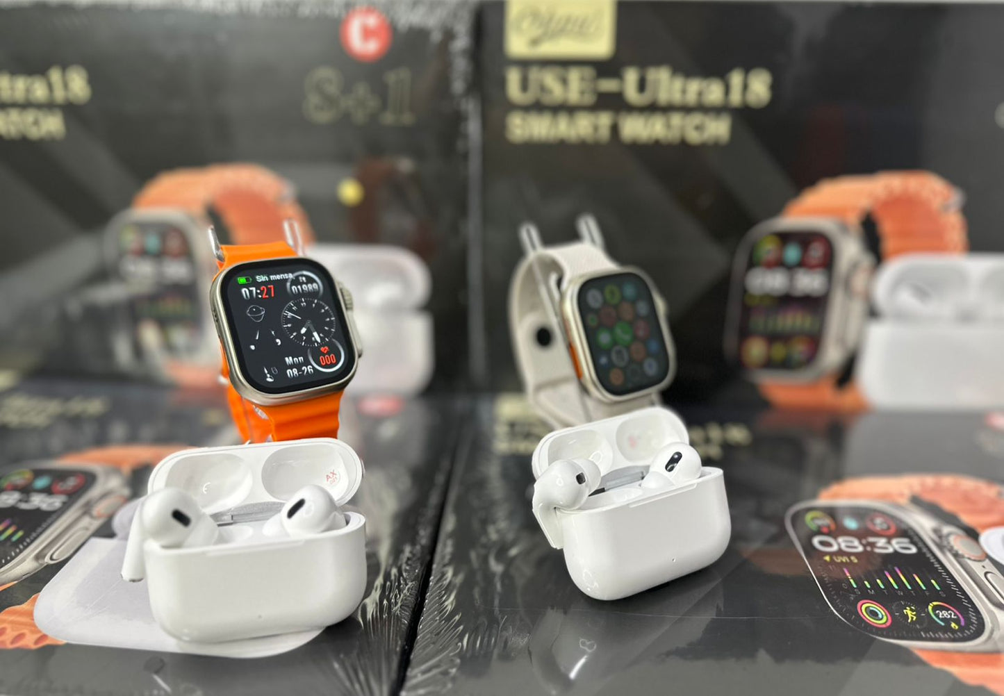 Combo Exclusivo – Smartwatch Ultra 18 con 8 Correas + Funda Protectora + AirPods de Segunda Generación